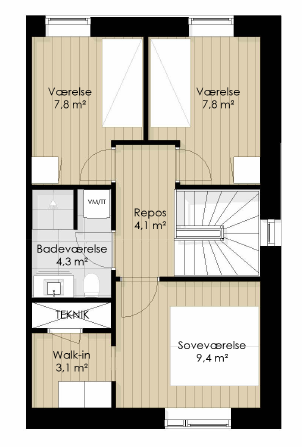 Plantegning — 1. sal med tre værelser, walk-in og badeværelse