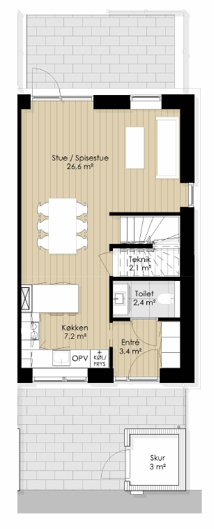 Plantegning — stueplan med stue/spisestue, køkken, entré, toilet og skur