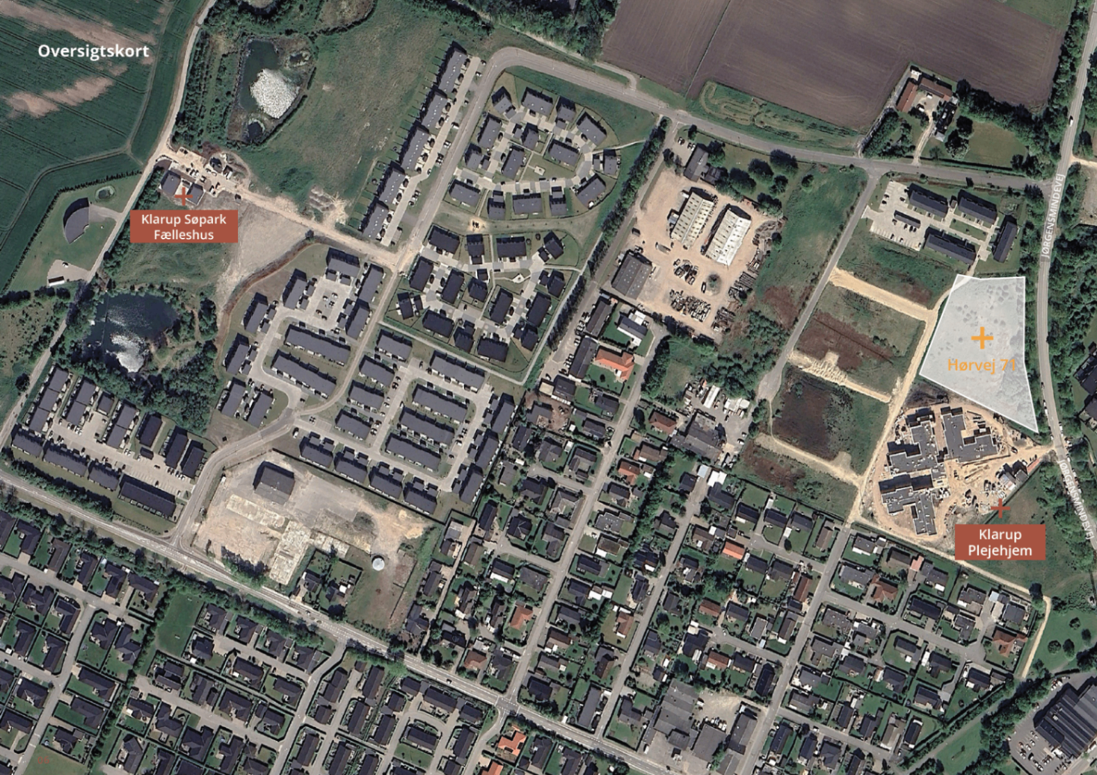 Oversigtskort over Klarup Søpark med placering af fælleshuset